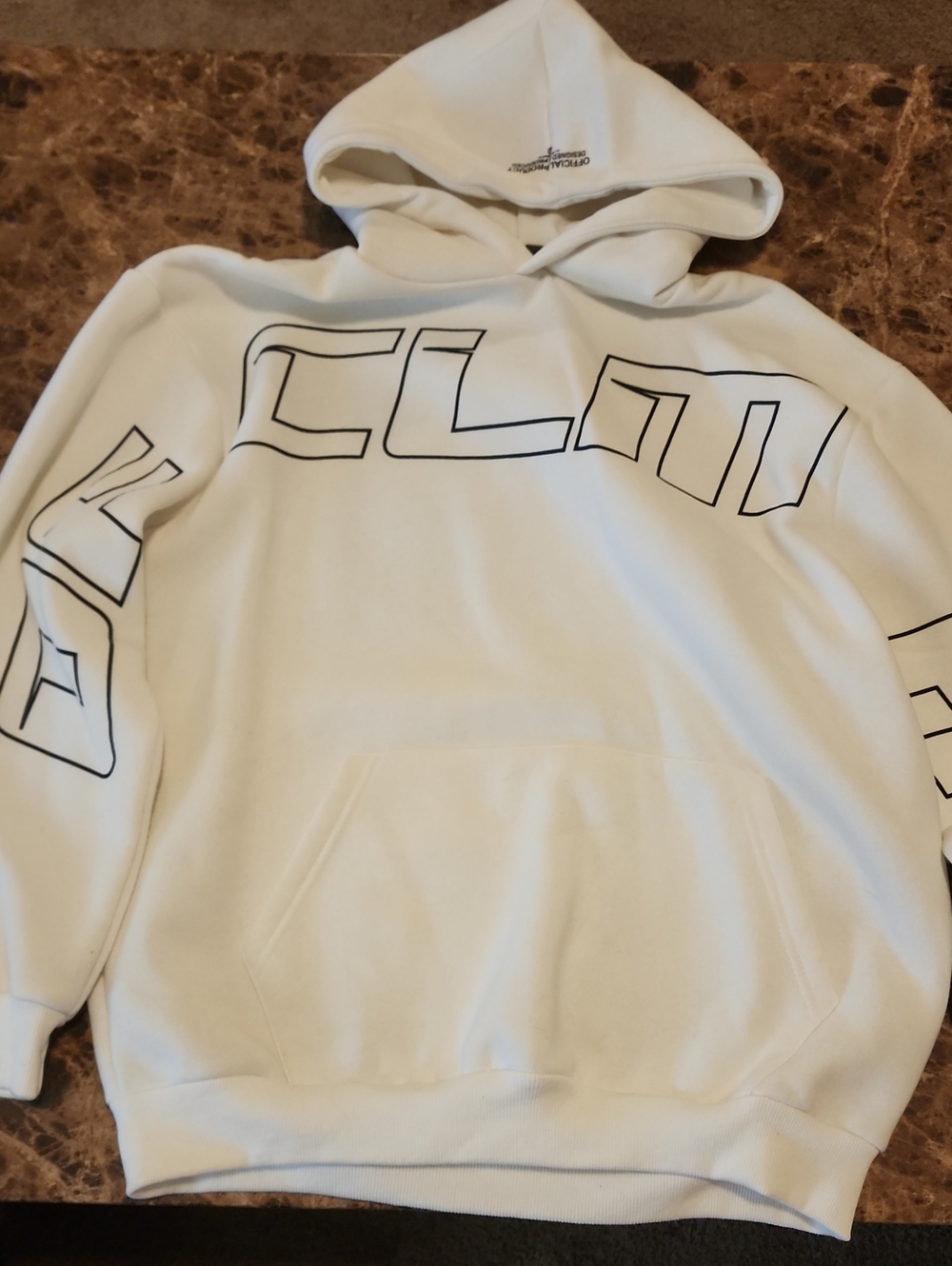 Oversized Men's White Pullover Hoodie with Black Outline Graphics